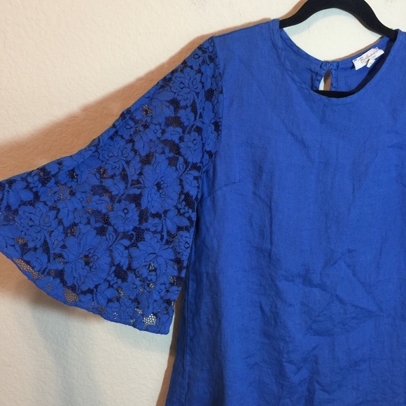 Bellambia Blue Linen Lace Crochet Shift Dress - Picture 2 of 5